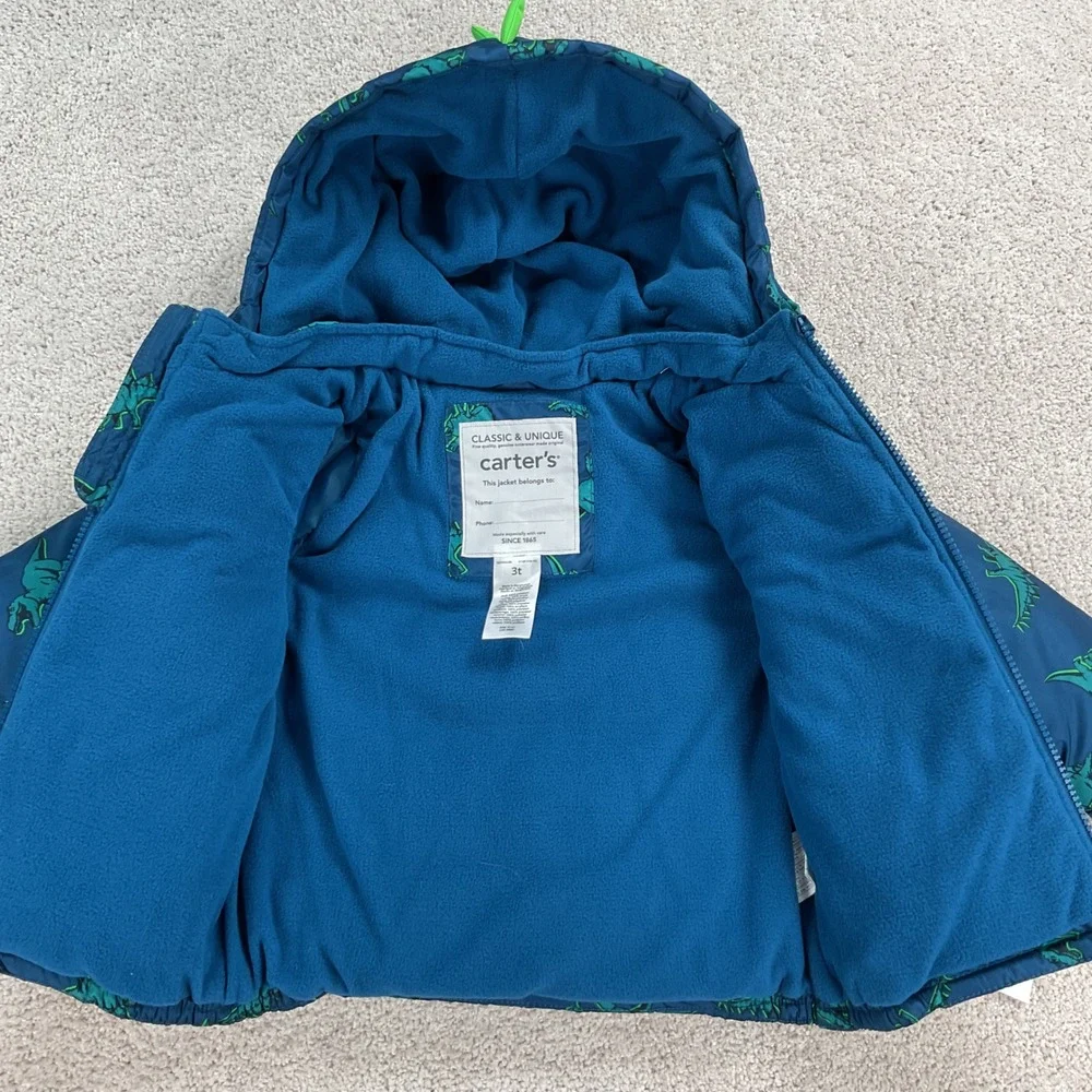 Carters Toddler Boys 2-Piece Dinosaur Snowsuit Teal Blue Puffer‎ Jacket Bibs 3T